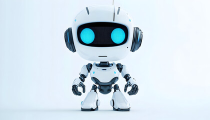 Cute white robot with a screen face and blue eyes. 3D-rendered illustration isolated on a white background.
