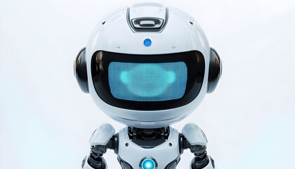 Cute white robot with a screen face and blue eyes. 3D-rendered illustration isolated on a white background.