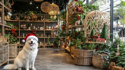 A happy dog dressed in a Santa hat sits in a holiday-themed garden center shop filled with seasonal decorations and greenery