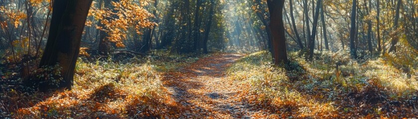 A tranquil forest path with fallen leaves and dappled sunlight