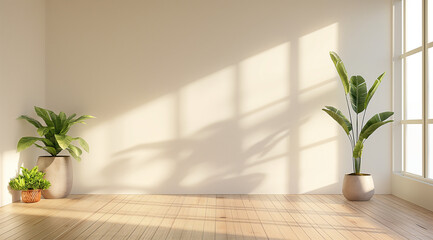 Fototapeta premium Minimalist interior with a wooden floor, an empty wall mockup, sunlight and plants ,modern interior design,modern living room, room with wall and window, room with a window, plant pot in room