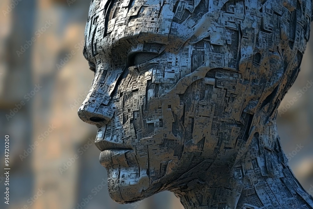 Poster robotic face covered in artistic splashes symbolizing the blend of creativity and technology in mode