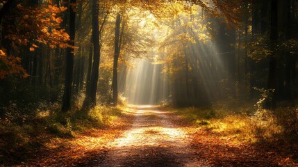 A tranquil forest path with fallen leaves and dappled sunlight