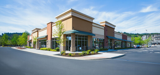 Obraz premium Modern Retail Plaza Surrounded by Lush Greenery on a Clear Sunny Day
