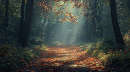 Obraz premium A tranquil forest path with fallen leaves and dappled sunlight