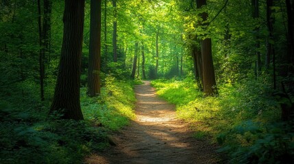Obraz premium A serene forest trail with a canopy of vibrant green leaves