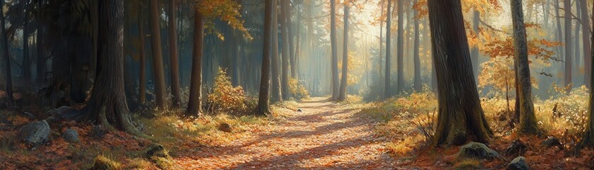 Obraz premium A tranquil forest path with fallen leaves and dappled sunlight