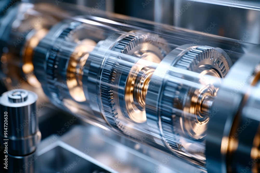 Poster precision engineering in robotic manufacturing featuring complex gear systems and automated mechanis