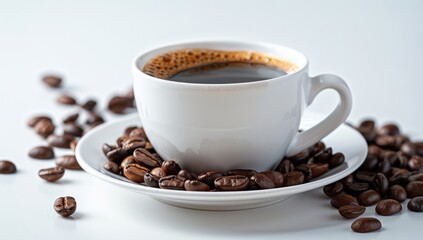 Obraz premium Coffee Cup with Beans on a White Background