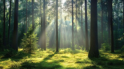 A serene forest clearing bathed in dappled sunlight with towering pine trees