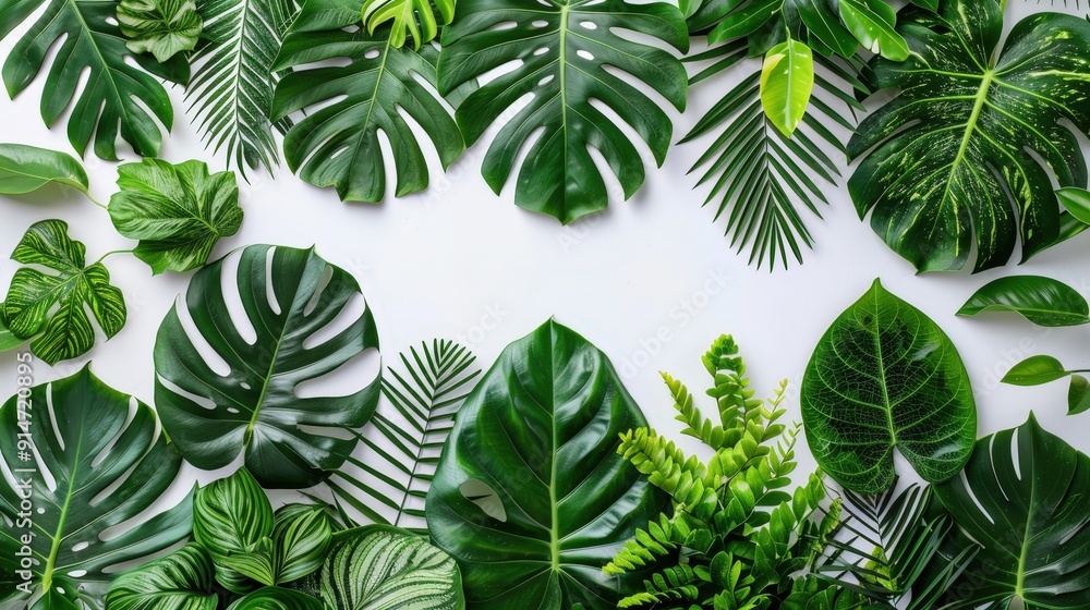 Poster the arrangement features an assortment of tropical leaves in varying shades of green on a light back
