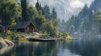 Obraz premium A tranquil lakeside scene with a small cabin and a dock