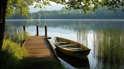 Obraz premium A serene lakeside view with a wooden dock and a rowboat