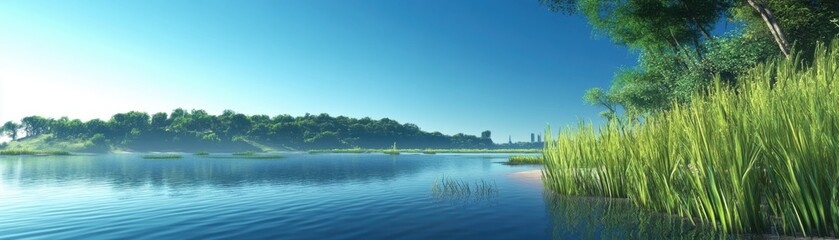 A tranquil riverbank with tall grasses and a clear blue sky