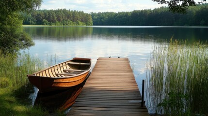 A serene lakeside view with a wooden dock and a rowboat