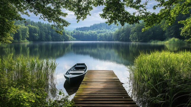 A serene lakeside view with a wooden dock and a rowboat