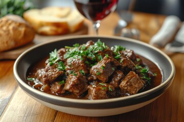 Realistic Beef Bourguignon with Bread and Wine on Wooden Table