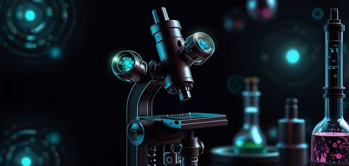 A vintage scientist’s microscope with floating glowing cells and research symbols against a dark background. Biology and research concept banner.