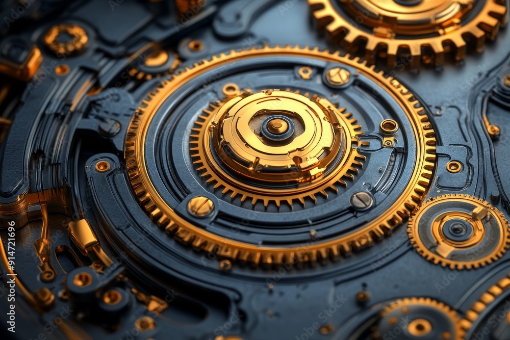 Poster intricate golden gears form a mesmerizing mechanical pattern symbolizing the complex beauty of preci