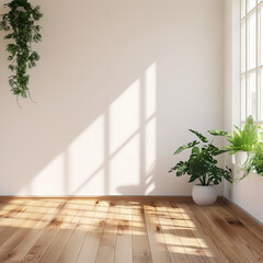Minimalist interior with a wooden floor, an empty wall mockup, sunlight and plants ,modern interior design,modern living room, room with wall and window, room with a window, plant pot in room