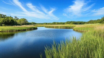 Obraz premium A tranquil riverbank with tall grasses and a clear blue sky