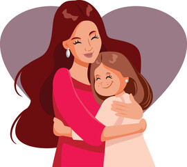 Obraz premium Loving Mother Hugging her Daughter Vector Cartoon Illustration. Affectionate mom caring for her child bonding in an embrace 