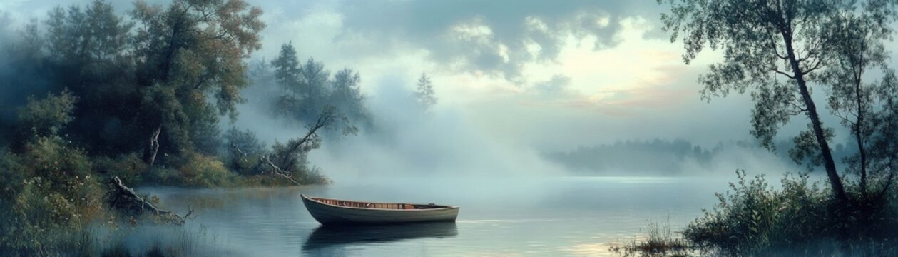 A serene lakeside scene with a rowboat and a misty morning
