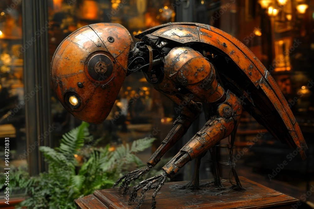 Poster rustic robot with a scavenger vibe in a tech infused environment portraying survival and resourceful