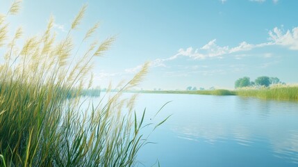 Obraz premium A tranquil riverbank with tall grasses and a clear blue sky