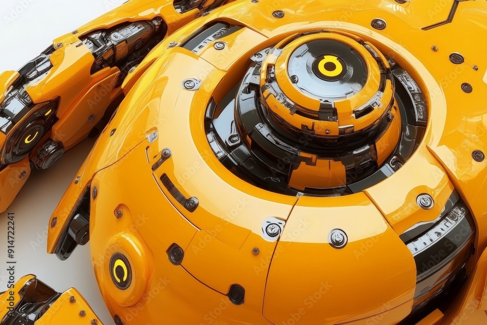 Poster bright yellow robotic core with intricate mechanics emphasizing power and energy in a compact and ef