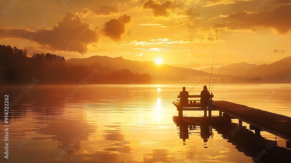 Wall mural Silhouettes of Two Fishermen on a Dock at Sunset