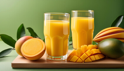 Fototapeta premium Two glasses of fresh mango juice with mangoes and leaves on a wooden board
