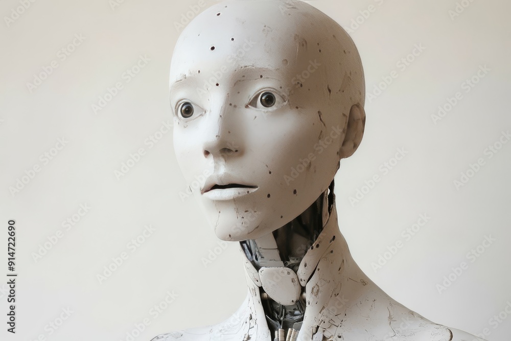 Poster minimalist humanoid robot starkly portrayed against a plain backdrop epitomizing simplicity in robot