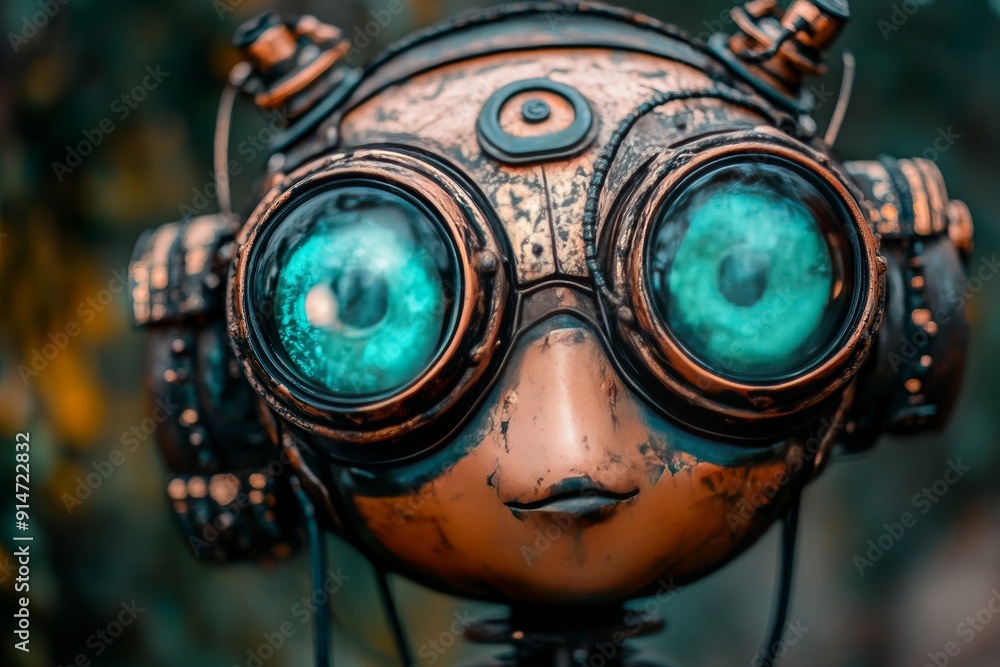 Poster steampunk inspired robot with rustic copper goggles showcasing an intricate design against a blurred