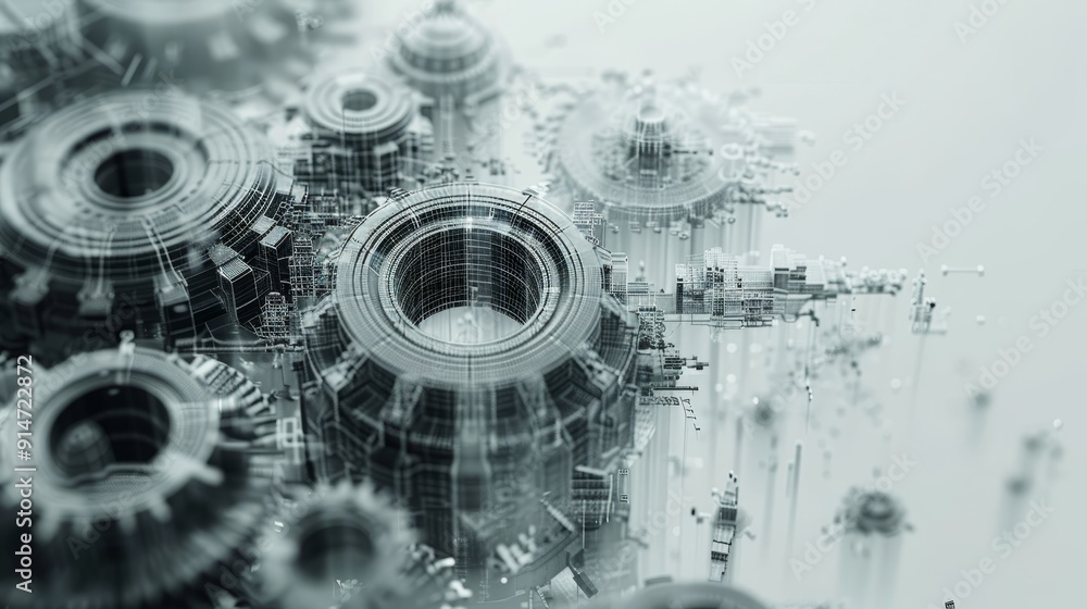Poster technological innovation: abstract generative ai digital tech concept with gray gears on white backg