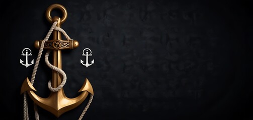 An old-fashioned sailor’s anchor with floating boat symbols and navigation tools against a black background