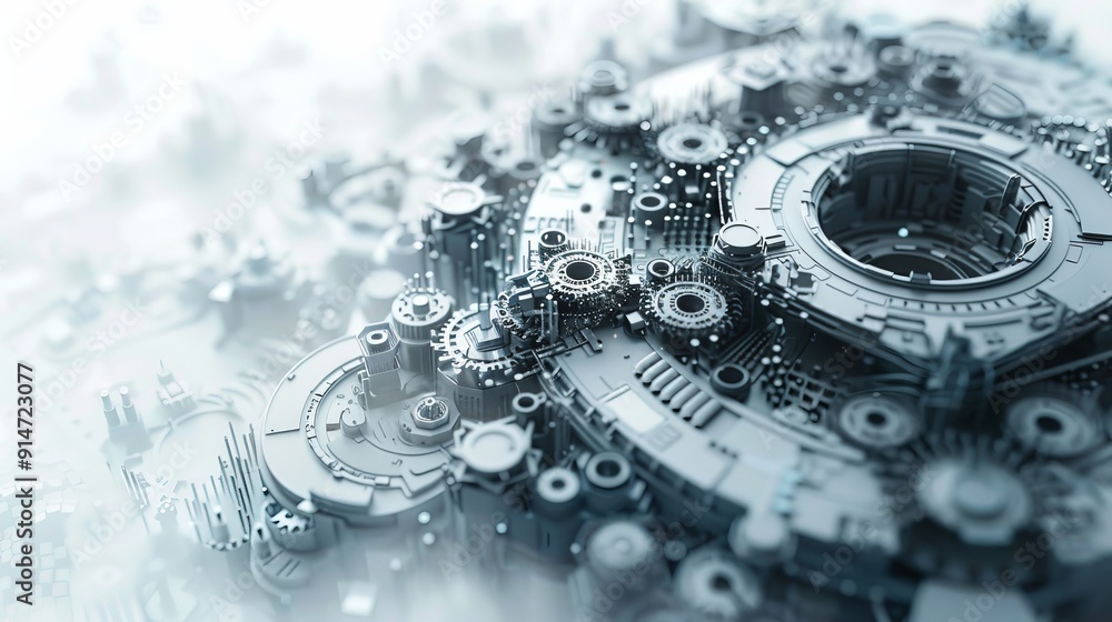 Poster innovations in generative ai: abstract gray gears and technology elements on white background