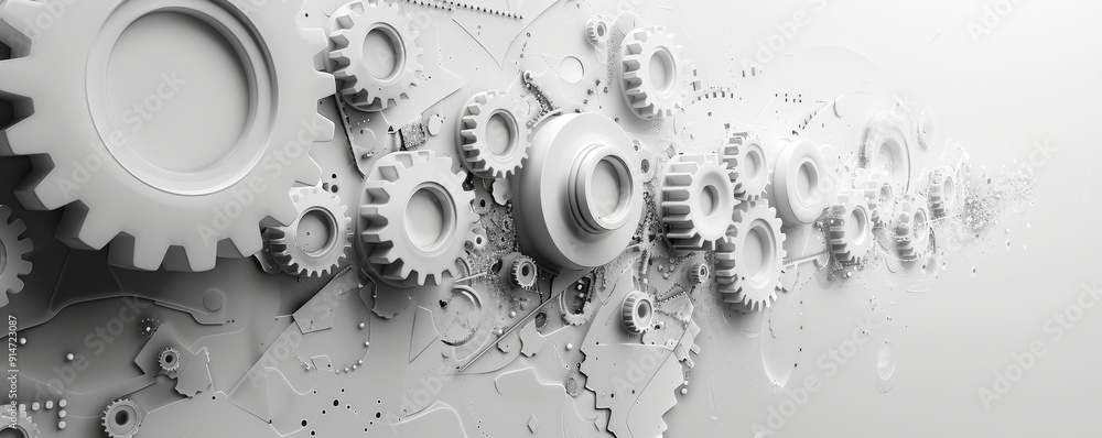 Poster futuristic gray tech elements and gears on abstract white background, concept of digital technology 