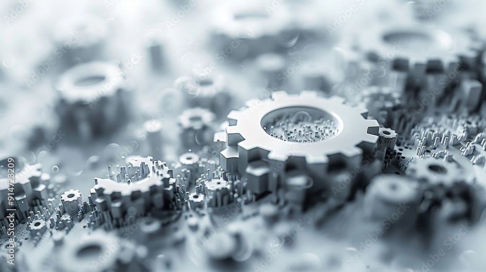 Poster technological innovation: abstract generative ai digital tech concept with gray gears on white backg
