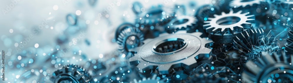 Poster technological transformation: abstract gray gears and generative ai elements on white background