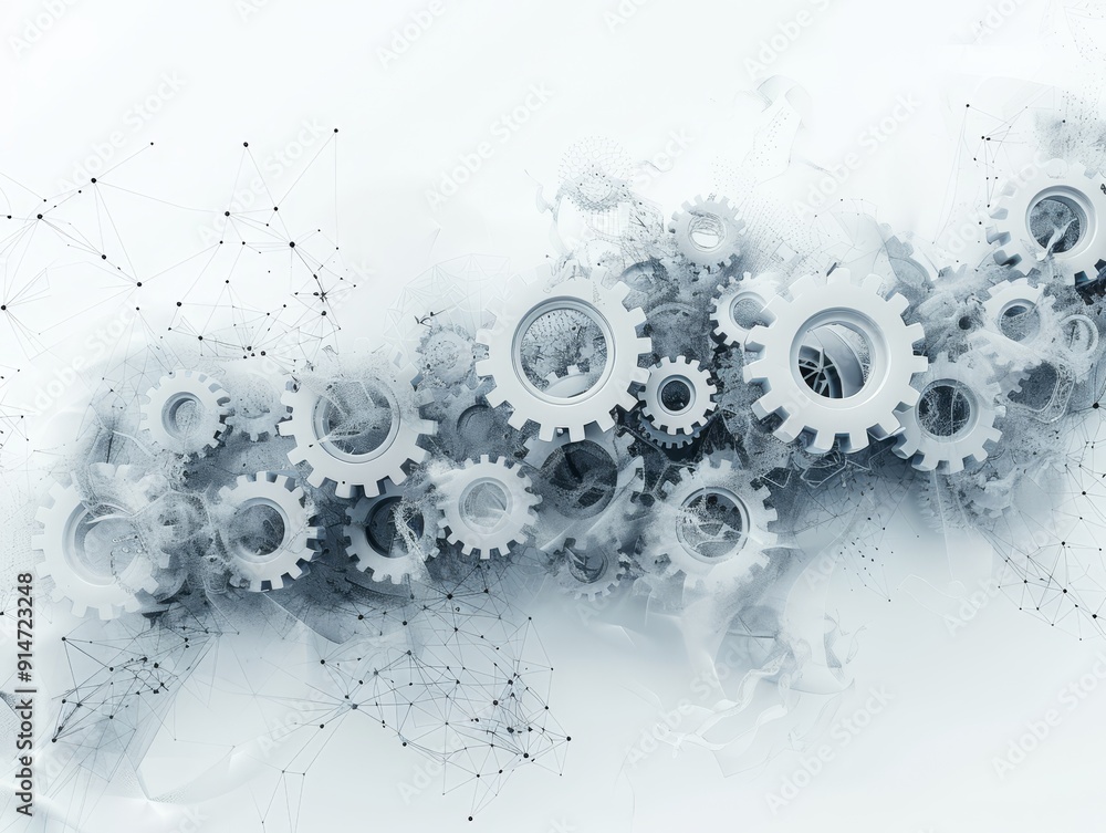 Poster technological evolution in abstract: white background with gray tech elements and gears generated by