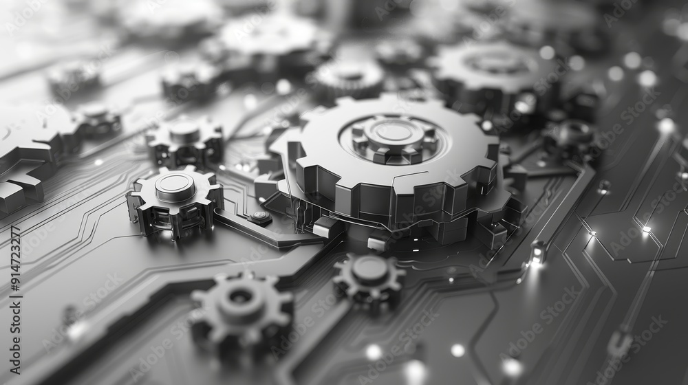 Poster future tech innovation - gray gears and generative ai elements on abstract white background