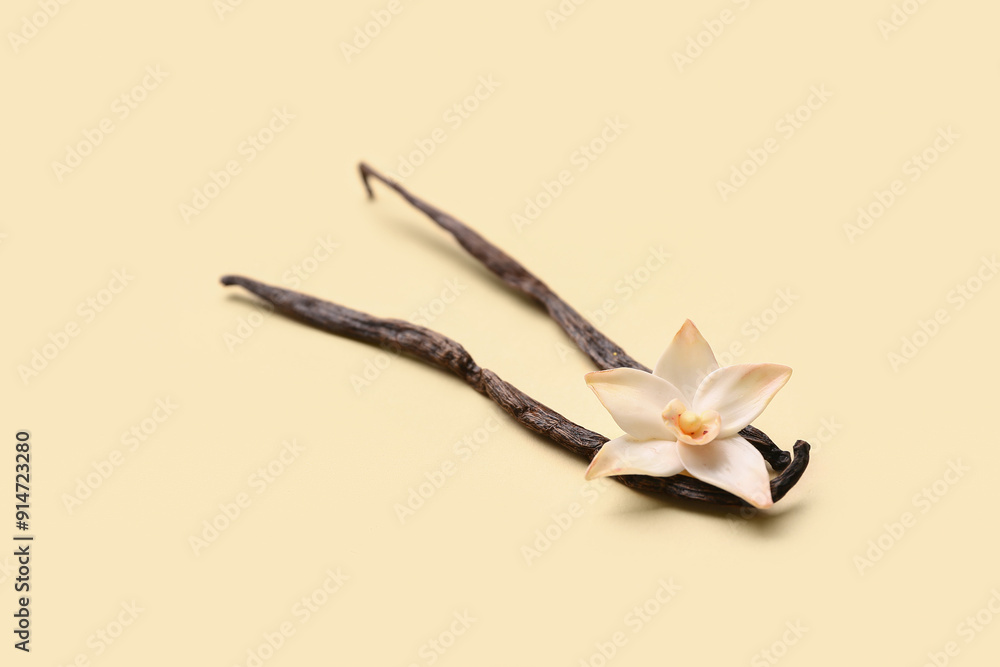 Poster beautiful vanilla flower and sticks on beige background