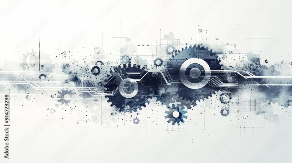Poster abstract generative ai digital tech concept with gray gears and technology elements on white backgro