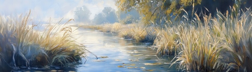 Obraz premium A serene riverbank with tall grasses and a gentle current