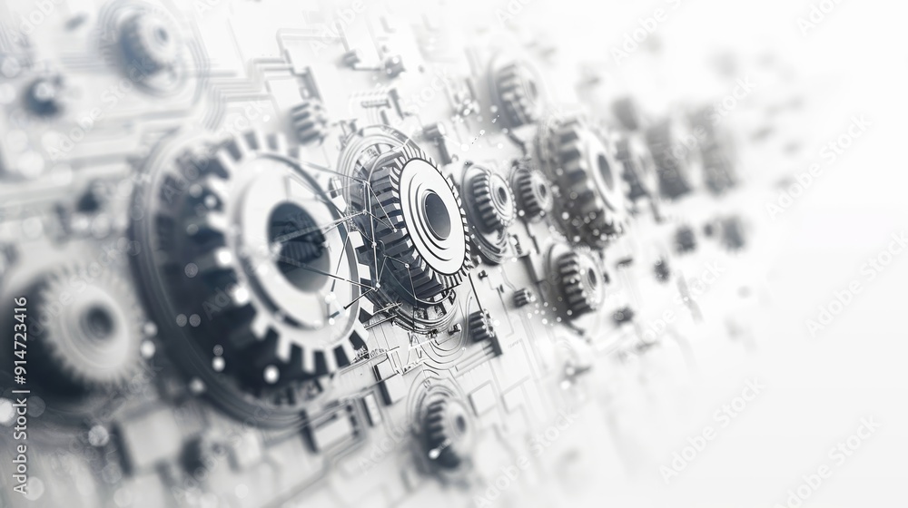 Poster digital tech concept: gray gears and technology elements on abstract white background with generativ