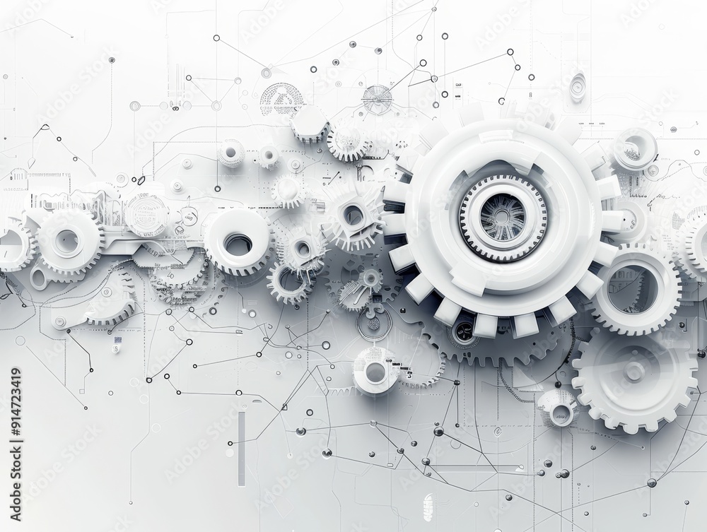 Poster digital evolution - abstract white background with gray tech elements and gears representing futuris