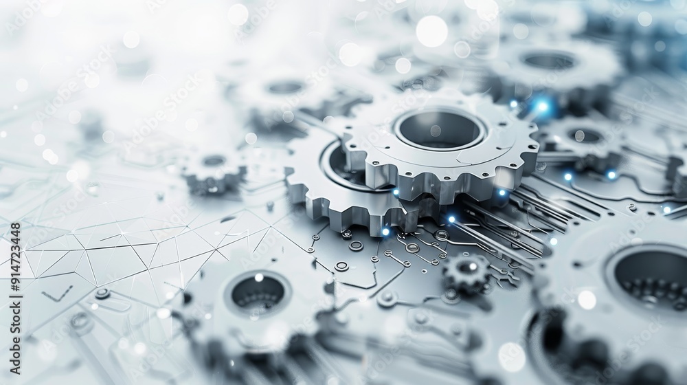Poster futuristic gray gears and technology elements on abstract white background with generative ai concep