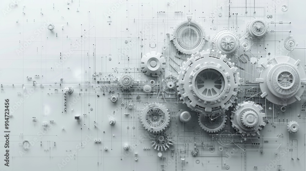 Poster digital tech evolution: gray gears and technology elements on abstract white background with generat