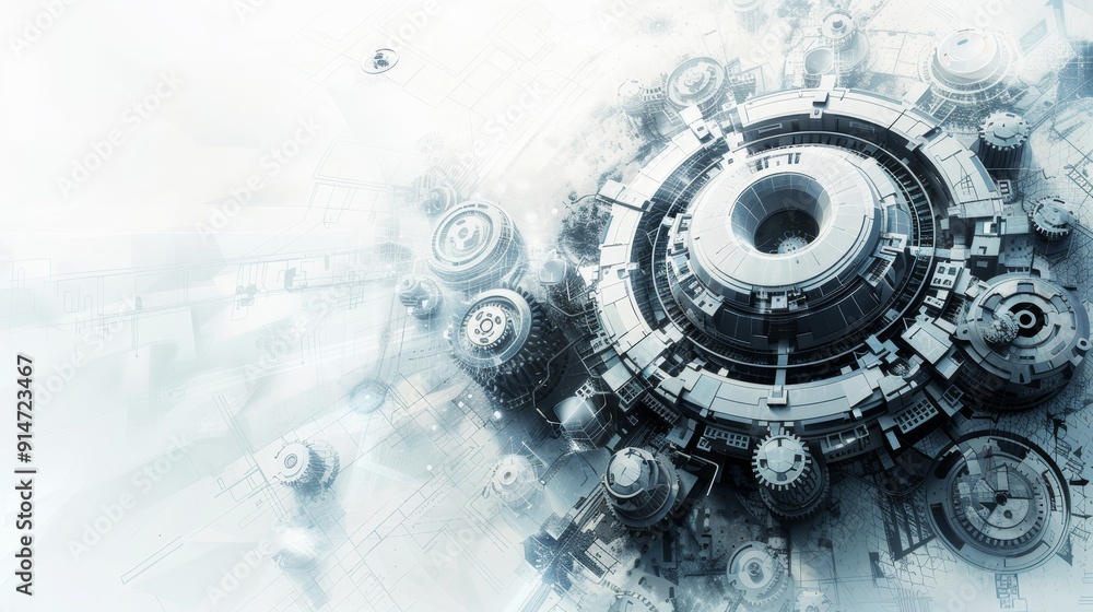 Poster digital tech innovation - gray gears and technology elements on abstract white background with gener